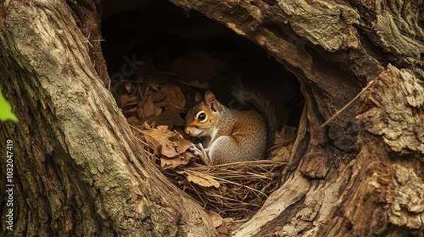 Fototapeta Squirrel Nesting in Cozy Tree Hollow