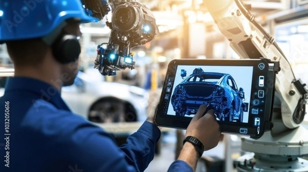 Fototapeta Industrial Worker Interacting with a Robotic Arm