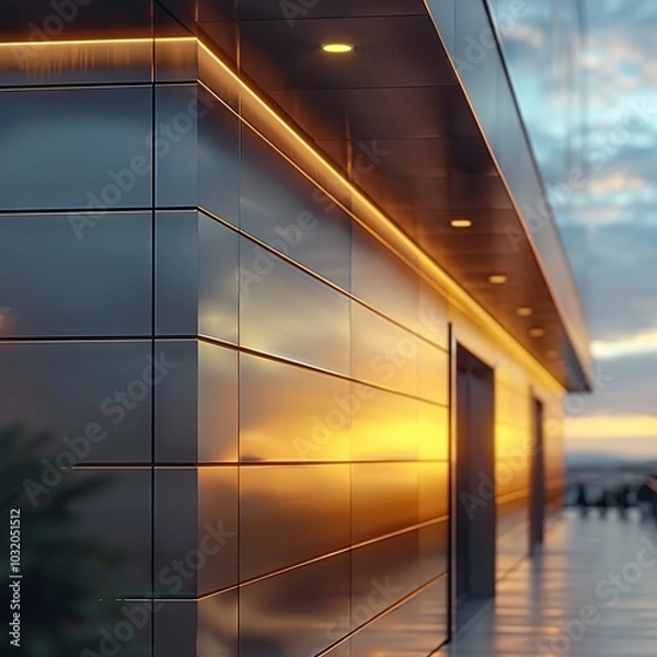 Fototapeta Modern Building Facade with Sunset Reflection