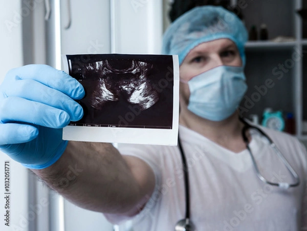 Obraz Adenoma prostate cancer in doctor's hands. The doctor diagnoses an ultrasound of prostate adenoma in a man in the clinic. The urologist studies the disease of the genitourinary system