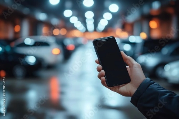 Fototapeta Hand of man hold mobile phone over blurred car parking with bokeh light Background, Generative AI