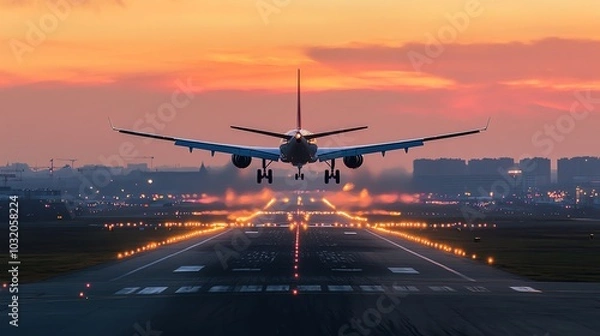 Fototapeta A plane landing on a runway at sunset.