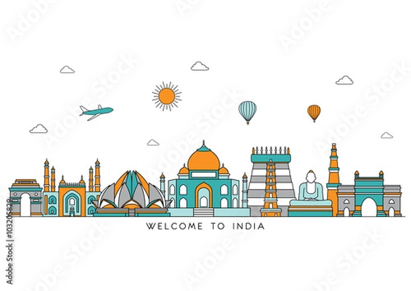 Obraz India skyline detailed silhouette. Vector background. line illustration. Line art style