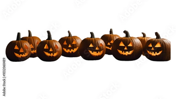 Fototapeta A group of Halloween pumpkins, Lantern with evil face and eyes, transparent background