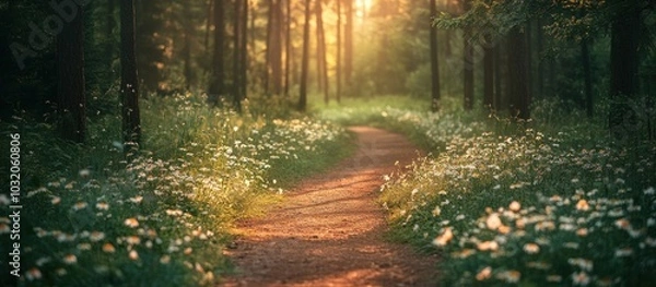 Fototapeta A winding path through a forest with sunlight streaming through the trees and wildflowers along the sides.