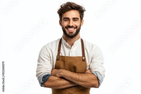 Fototapeta Cheerful man barista barman in apron posing with crossed folded arms, smiling at camera isolated on white background.. Small business startup concept, Generative AI