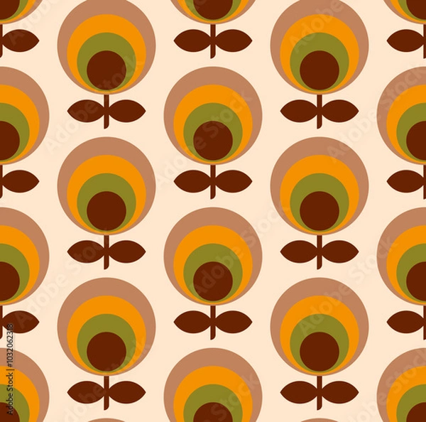 Fototapeta Retro midcentury circle flowers orange brown Raster pattern. Mod flowers mosaic Retro 70s colors, orange yellow, moss green, dark brown, cream, seamless pattern.
