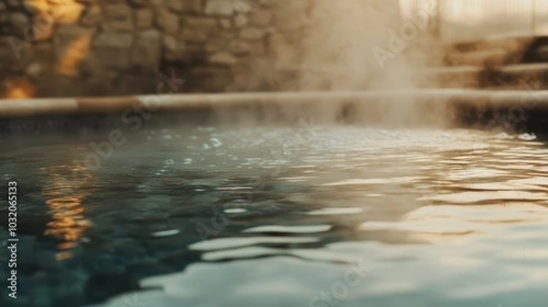 Fototapeta Steam rising from clear water in hot spring pool soft light illuminating vapor and reflecting stone surroundings