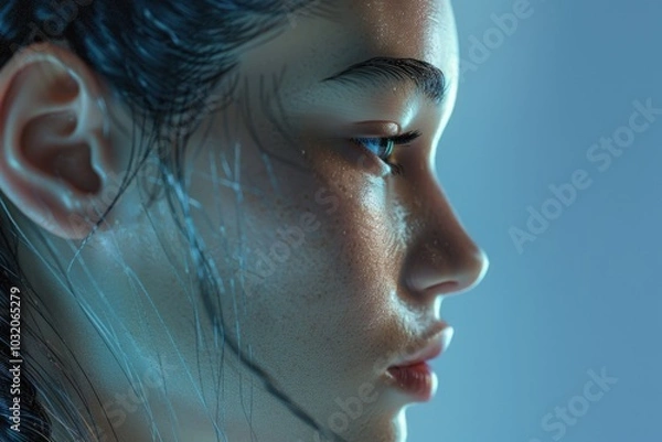 Fototapeta A close-up shot of a woman's face with wet hair, suitable for use in beauty or lifestyle content