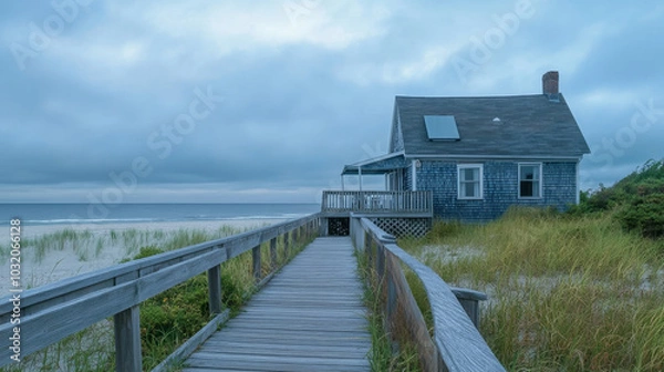 Fototapeta  The house features a cozy porch with inviting chairs, perfect for enjoying the coastal breeze and stunning views of the horizon.