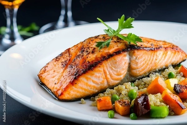 Fototapeta A Beautifully Plated Seared Salmon Fillet With Quinoa and Roasted Vegetables, Showcased in an Upscale Rooftop Restaurant, Food Photography, Menu Style Photo Image