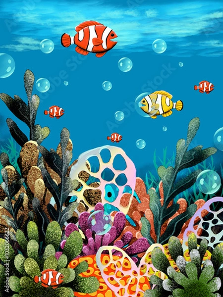 Fototapeta Digital illustration on a graphics tablet of the underwater world with orange tropical fish, colorful corals and algae (This illustration was drawn by hand without the use of generative AI!)