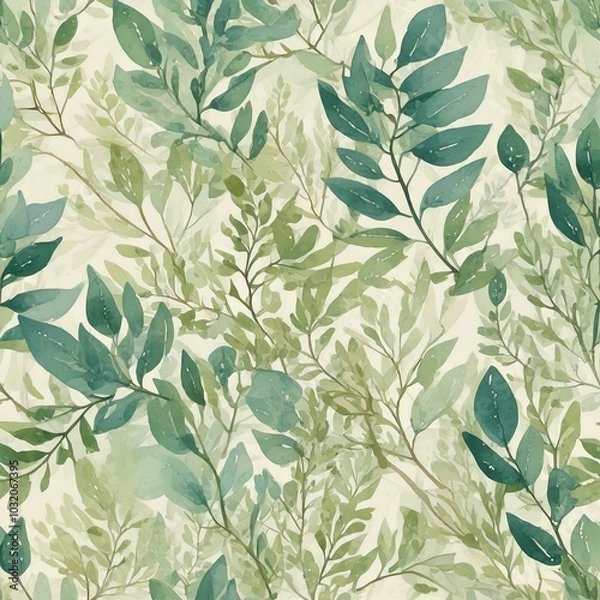 Fototapeta 水彩風の葉と枝が織りなすナチュラルでエレガントなパターンデザイン
