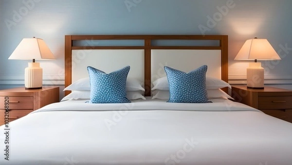 Fototapeta A bedroom with a blue wall and a white bed with a wooden headboard. The bed is made with white sheets and has blue pillows. There are two nightstands on either side of the bed, both with a lamp.
