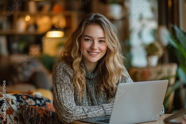 Fototapeta Happy caucasian lady freelancer or entrepreneur working from home, sitting at table in home office, using modern laptop, typing on keyboard, copy, Generative AI