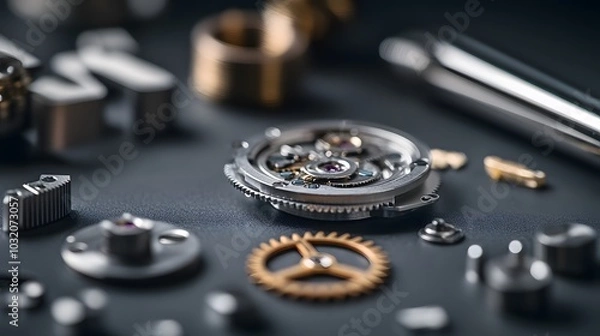 Fototapeta Intricate dismantled mechanical watch with detailed gears and springs on dark background, symbolizing precision and complexity in teardown analysis.
