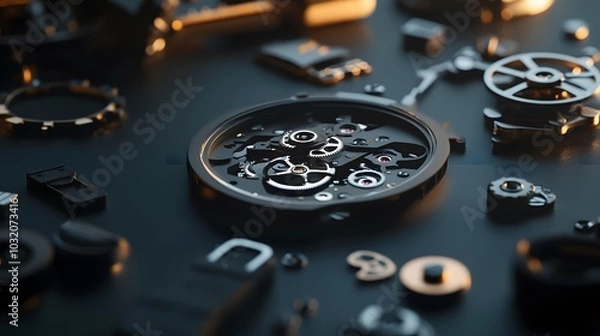 Fototapeta Intricate dismantled mechanical watch with detailed gears and springs on dark background, symbolizing precision and complexity in teardown analysis.