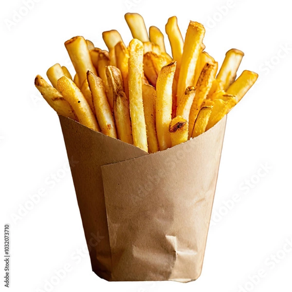 Fototapeta French fries are in craft packaging in PNG format. portion of French fries in brown paper packaging on a transparent background