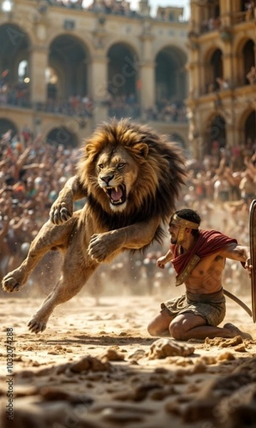 Fototapeta Roman gladiator fighting a lion in an ancient Roman circus full of spectators. Historical reenactment image of the ancient Roman Empire