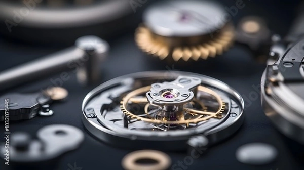 Fototapeta Intricate dismantled mechanical watch with detailed gears and springs on dark background, symbolizing precision and complexity in teardown analysis.