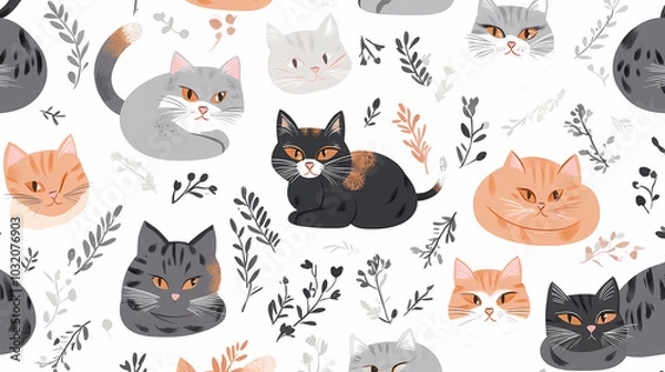 Fototapeta Seamless pattern with cute fashionable cats. Vector graphics.