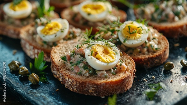 Fototapeta Whole grain bread slices garnished with tartar, quail eggs, capers, and herbs, served on a stylish dark tray.