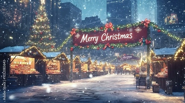 Fototapeta Outdoor Christmas market with snow falling, hot chocolate stalls, and "Merry Christmas" written in vibrant colors across a large banner, lights glowing