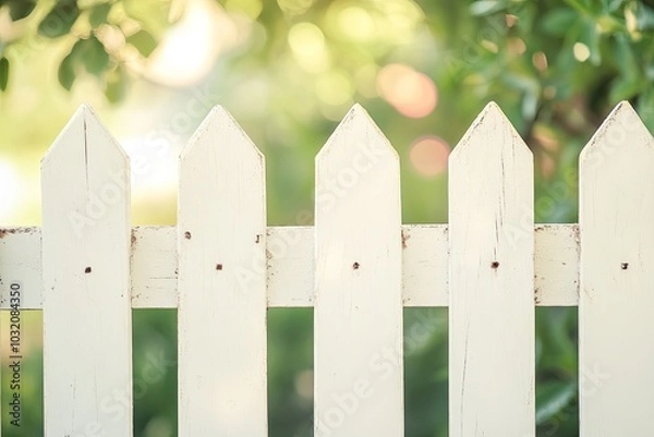 Fototapeta White picket fence with blurred background. This photo represents privacy, security, and a sense of home.