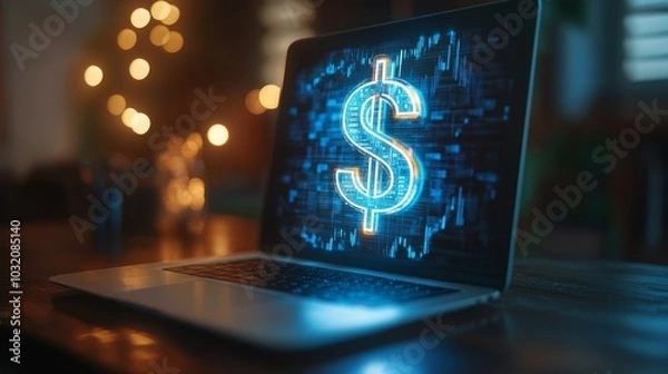 Obraz A glowing holographic dollar sign is suspended on a laptop on the desktop, symbolizing the digital economy, online business transactions, and the future of financial technology in the virtual world.