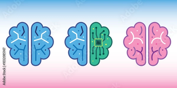 Fototapeta Brain icon. A normal brain and an artificial intelligence brain. Blue, green, and pink colors.