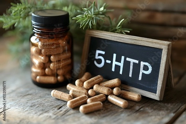 Fototapeta 5-HTP Supplement Showcase: Abstract Wellness Concept for Sleep, Relaxation, and Anxiety Relief