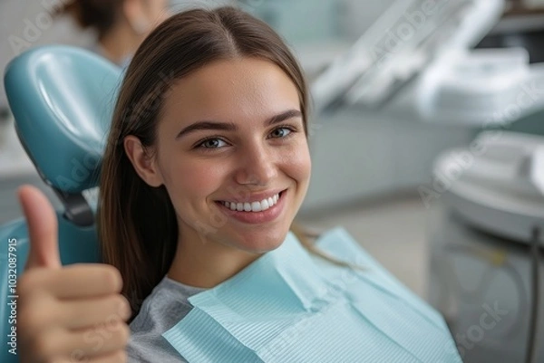 Fototapeta Beautiful happy female patient showing thumb up after dental treatment, sitting in chair in modern stomatologic clinic after check up, Generative AI