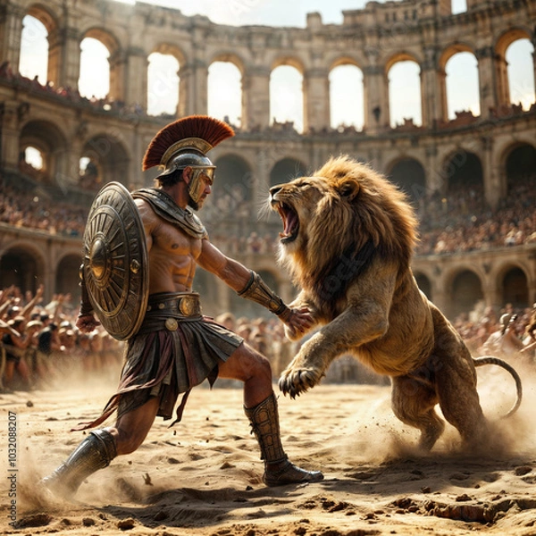 Fototapeta Roman gladiator fighting a lion in an ancient Roman circus full of spectators. Historical reenactment image of the ancient Roman Empire