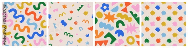 Fototapeta Fun colorful seamless pattern collection. Creative abstract geometric shape background for children or trendy design with collage shapes. Simple and playful doodle wallpaper print set.