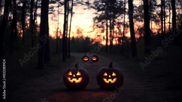 Fototapeta A spooky Halloween scene featuring glowing jack-o'-lanterns along a dimly lit forest path at sunset.