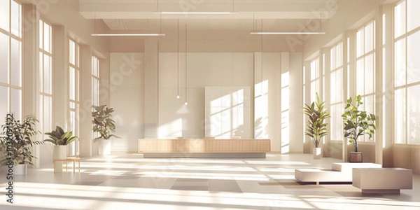 Fototapeta A minimalistic Scandinavian bank, with clean lines, muted tones, and lots of natural light, creating a sense of calm and simplicity.