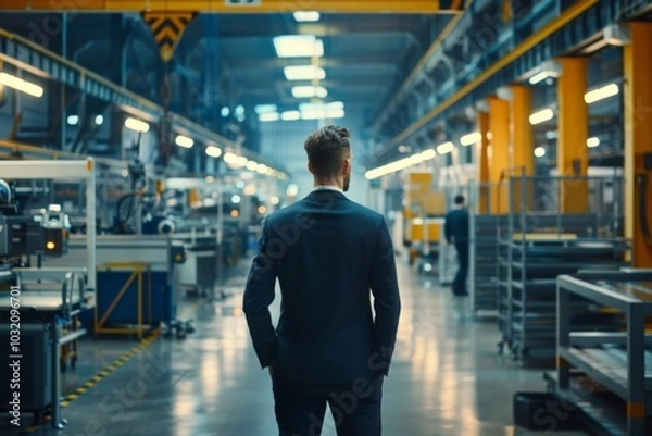 Fototapeta A businessman is visiting a manufacturing plant to oversee the prototype production of a new product