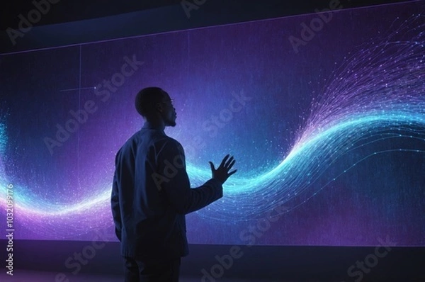 Fototapeta Silhouette of African American man reaching towards abstract digital data visualization