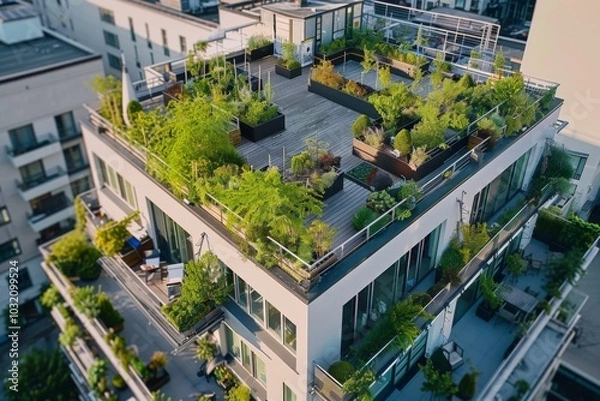 Fototapeta Aerial view of a rooftop garden on top of modern apartment building