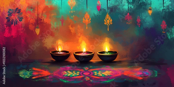 Obraz Colorful Diwali Celebration with Diyas and Rangoli Art