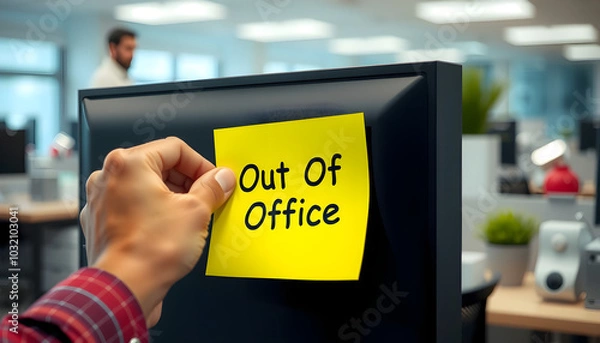 Fototapeta A person holding a yellow post-it note with the word "Out Of Office" written on it
