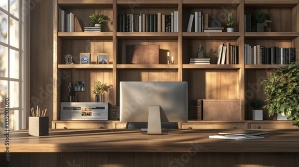 Fototapeta Modern office space with a large bookcase, sleek desk setup, perfect for remote work, featuring organized shelves and an inviting atmosphere for productivity