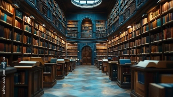 Fototapeta A grand library interior filled with books, showcasing a serene reading environment.