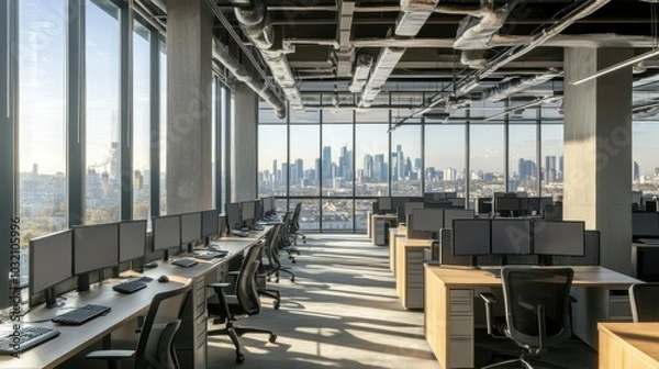 Fototapeta Office interior in industrial style. Sunlit open office space featuring large desks, computers, and expansive windows offering a panoramic view of a city skyline.
