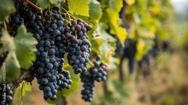 Fototapeta Harvest-ready Splendor: A Close-up of Luscious Nebbiolo Grapes Blanketed in Green Leaves, Amidst Bar