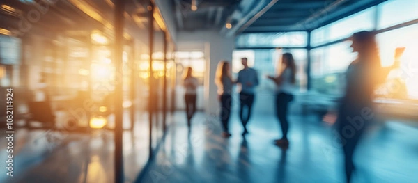 Fototapeta Blurred image of colleagues interacting in a modern office environment at sunset, creating a soft, warm, and dynamic atmosphere, emphasizing teamwork and collaboration