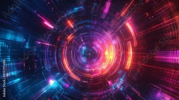 Fototapeta Futuristic digital tunnel with glowing neon lights in vibrant shades of pink, purple, and blue, creating a sci-fi atmosphere of speed and technology