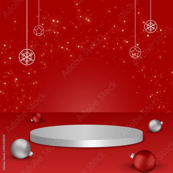 Fototapeta Christmas background with empty white podium for product display and Christmas decoration elements. Vector illustration.