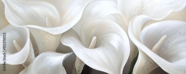 Fototapeta Delicate white calla lilies are blooming together creating an elegant floral background for wedding invitations, greeting cards, or any project needing a touch of sophistication