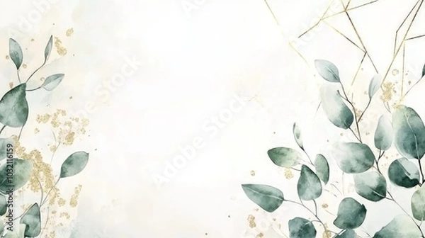Fototapeta Eucalyptus Elegance, a delicate watercolor bouquet featuring lush green eucalyptus leaves intertwined with shimmering golden geometric shapes, perfect for a sophisticated wedding invitation.